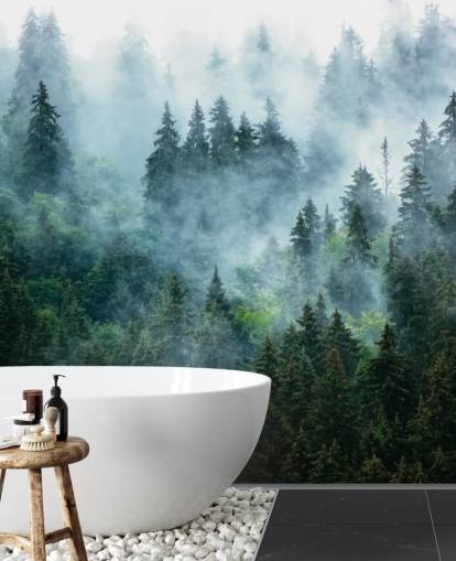 green customisable forest wallpaper mural called Misty Mountain Landscape for offices green customisable forest wallpaper mural called Misty Mountain Landscape for offices
