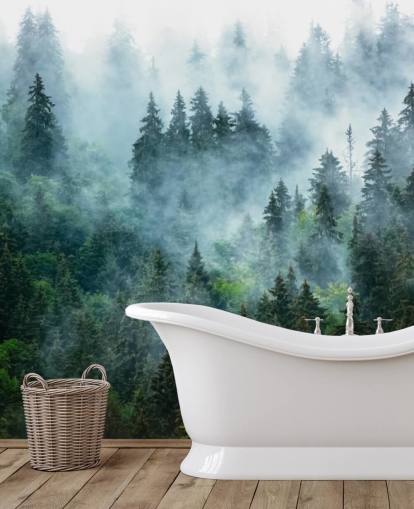 green customisable forest wallpaper mural called Misty Mountain Landscape for offices green customisable forest wallpaper mural called Misty Mountain Landscape for offices