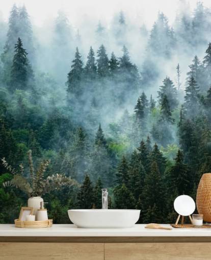 green customisable forest wallpaper mural called Misty Mountain Landscape for offices green customisable forest wallpaper mural called Misty Mountain Landscape for offices
