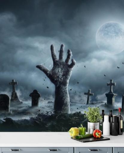 Hintergrundbild: Zombie-Hand erhebt sich in gruseliger Nacht aus einem Friedhof Hintergrundbild: Zombie-Hand erhebt sich in gruseliger Nacht aus einem Friedhof
