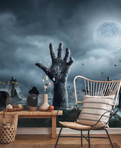 Zombiehand stijgt uit een kerkhof in een spookachtige nacht wallpaper Zombiehand stijgt uit een kerkhof in een spookachtige nacht wallpaper