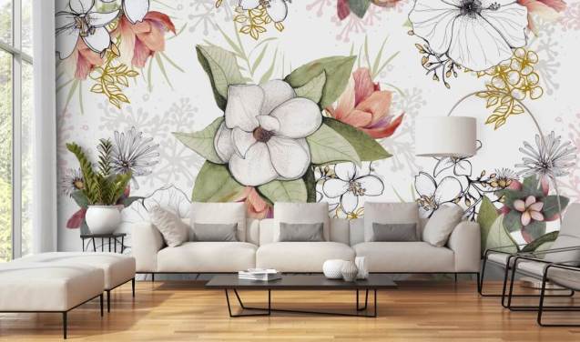 Witte bloemen burst muurschildering van Kelly Kratzing
