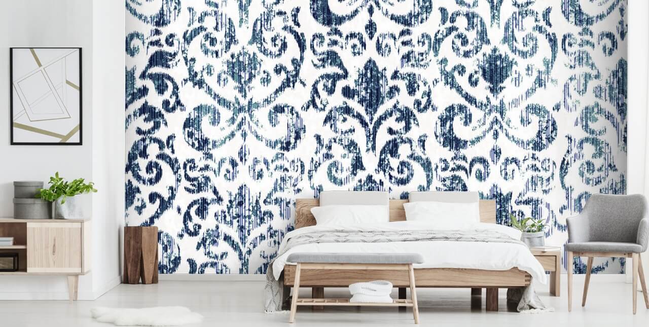Blauw bedrukt vintage behang