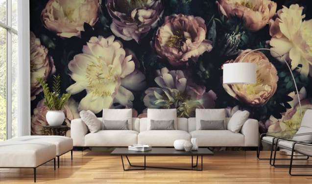 paarse aanpasbare bloemenmuurschildering genaamd Purple Roses voor slaapkamers, woonkamers en eetkamers
