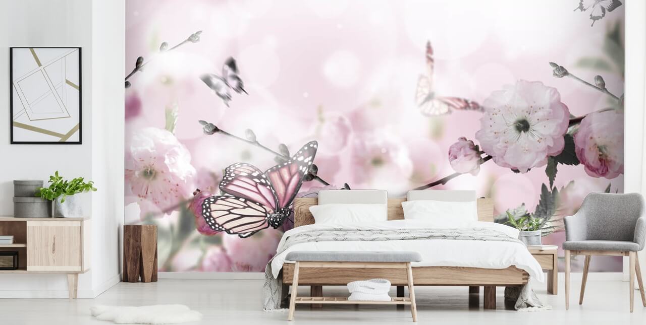 Bloemen achtergrond met geweldige lente-sakura met vlinders. Bloemen van kersen.