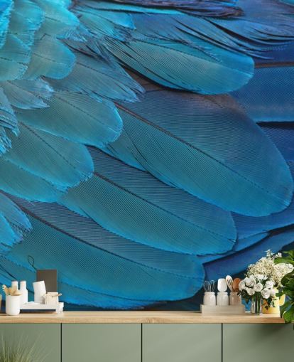 Blauwe ara veren print behang Blauwe ara veren print behang