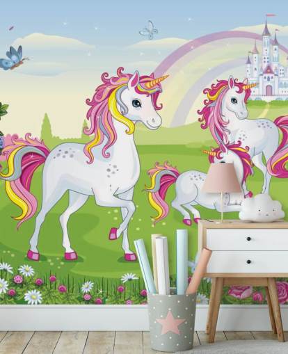 fondo de pantalla de tres dibujos animados de unicornios frente al palacio fondo de pantalla de tres dibujos animados de unicornios frente al palacio