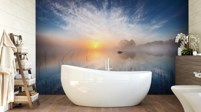 sunrise misty lake wallpaper