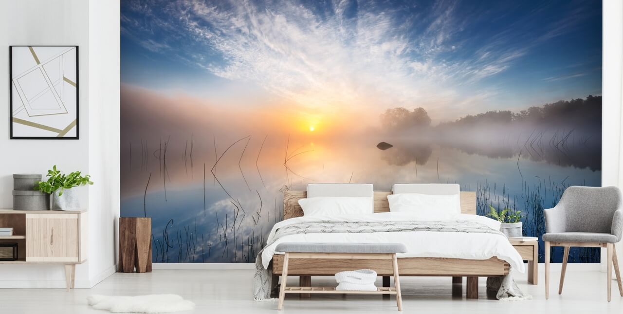 sunrise misty lake wallpaper