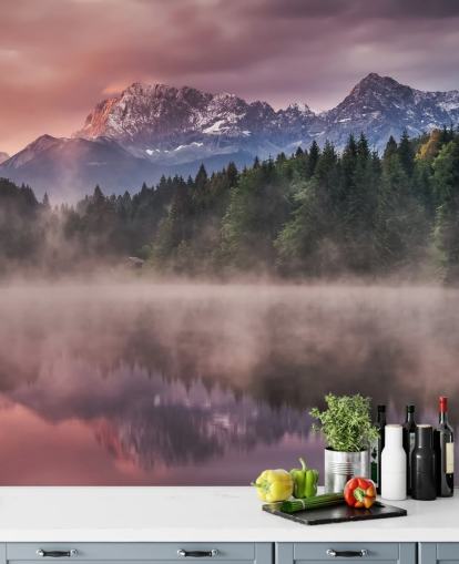 Misty Lake Sunset väggmålning Misty Lake Sunset väggmålning