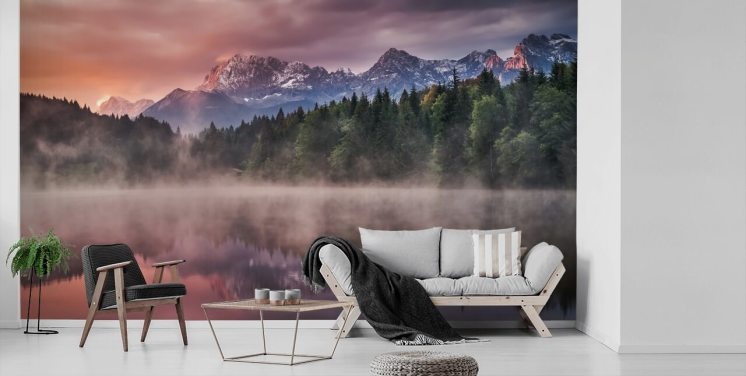 Misty Lake Sunset Wall Mural