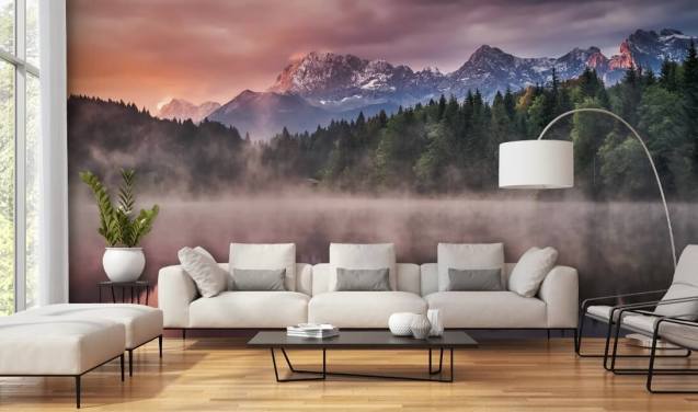 Misty Lake Sunset Wall Mural