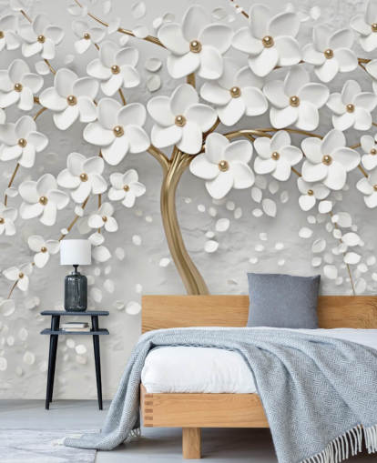 white and gold customizable blossom wallpaper mural called Monochrome Blossom for bedrooms white and gold customizable blossom wallpaper mural called Monochrome Blossom for bedrooms