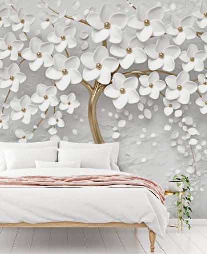 papier peint mural de fleurs personnalisable blanc et doré appelé Monochrome Blossom pour chambres papier peint mural de fleurs personnalisable blanc et doré appelé Monochrome Blossom pour chambres
