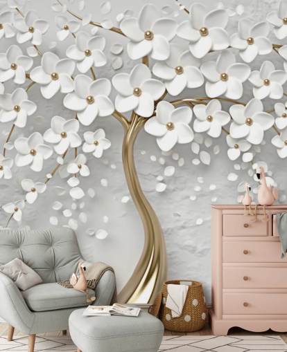 carta da parati murale personalizzabile con fiori bianchi e dorati chiamato Monochrome Blossom per camere da letto carta da parati murale personalizzabile con fiori bianchi e dorati chiamato Monochrome Blossom per camere da letto
