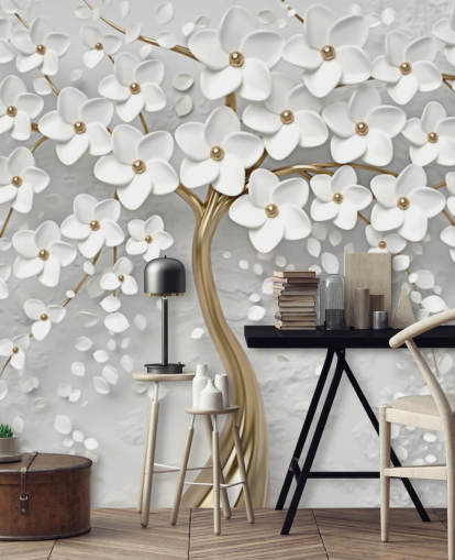 white and gold customizable blossom wallpaper mural called Monochrome Blossom for bedrooms white and gold customizable blossom wallpaper mural called Monochrome Blossom for bedrooms