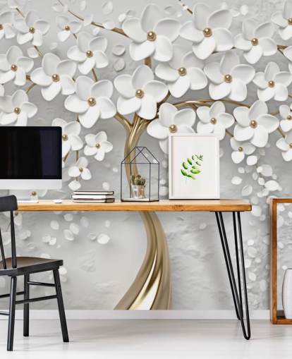 papier peint mural de fleurs personnalisable blanc et doré appelé Monochrome Blossom pour chambres papier peint mural de fleurs personnalisable blanc et doré appelé Monochrome Blossom pour chambres
