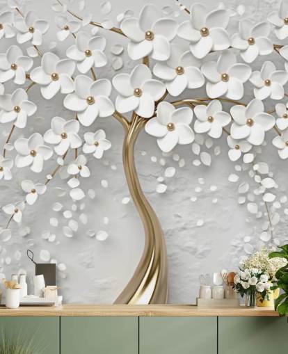 white and gold customisable blossom wallpaper mural called Monochrome Blossom for bedrooms white and gold customisable blossom wallpaper mural called Monochrome Blossom for bedrooms