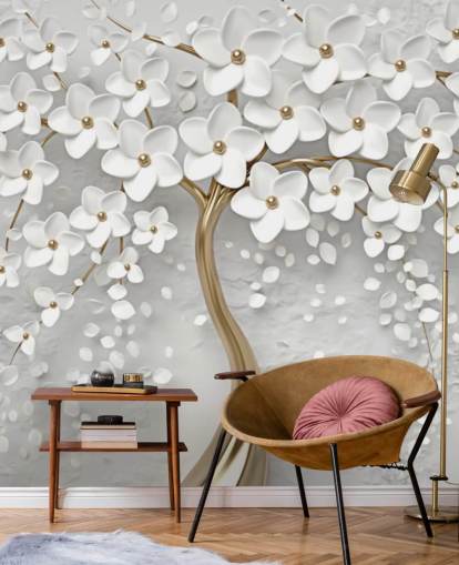 vit och guld anpassningsbar blomma tapet väggmålning kallad Monochrome Blossom för sovrum vit och guld anpassningsbar blomma tapet väggmålning kallad Monochrome Blossom för sovrum