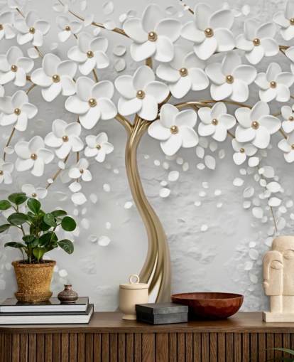 Personalisierbare Blumentapete in Weiß und Gold namens Monochrome Blossom für Schlafzimmer Personalisierbare Blumentapete in Weiß und Gold namens Monochrome Blossom für Schlafzimmer