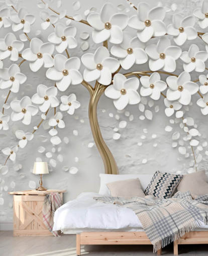 mural de papel pintado de flores personalizable en blanco y dorado llamado Monochrome Blossom para dormitorios mural de papel pintado de flores personalizable en blanco y dorado llamado Monochrome Blossom para dormitorios