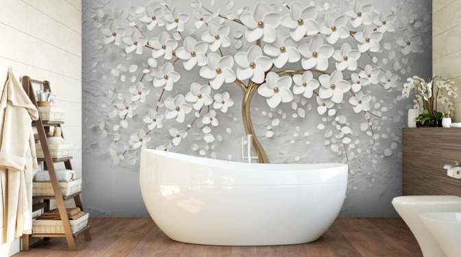 Personalisierbare Blumentapete in Weiß und Gold namens Monochrome Blossom für Schlafzimmer