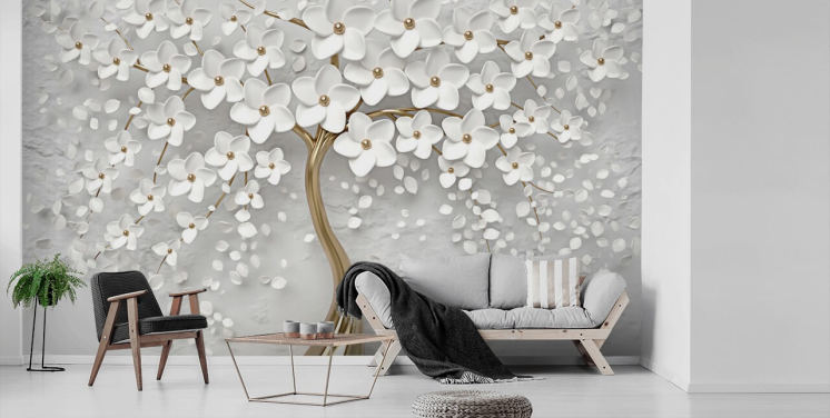 vit och guld anpassningsbar blomma tapet väggmålning kallad Monochrome Blossom för sovrum