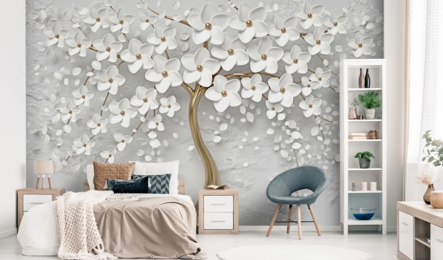 vit och guld anpassningsbar blomma tapet väggmålning kallad Monochrome Blossom för sovrum