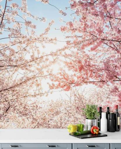 roze kersenbloesemtakken tegen blauwe hemel behang roze kersenbloesemtakken tegen blauwe hemel behang