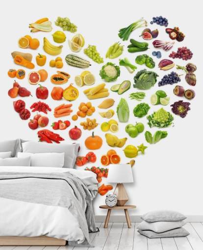 Mural de parede de coração de frutas e vegetais arco-íris Mural de parede de coração de frutas e vegetais arco-íris