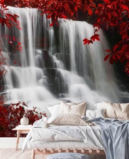 roter Blattwald mit Wasserfall-Tapete roter Blattwald mit Wasserfall-Tapete