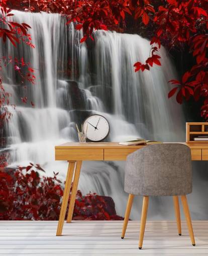 red leafed forest with waterfall wallpaper red leafed forest with waterfall wallpaper