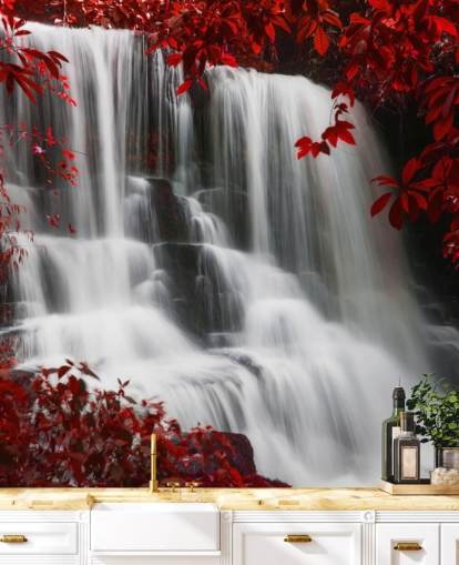floresta de folhas vermelhas com papel de parede de cachoeira floresta de folhas vermelhas com papel de parede de cachoeira