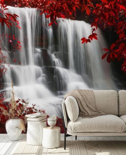 röd bladskog med vattenfall tapeter röd bladskog med vattenfall tapeter