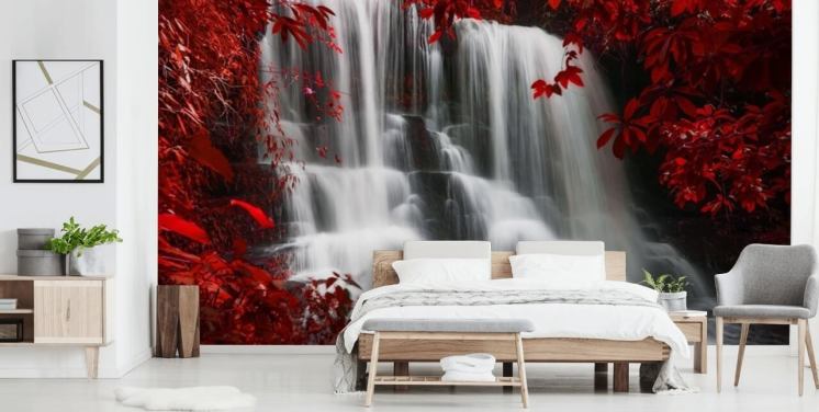 floresta de folhas vermelhas com papel de parede de cachoeira