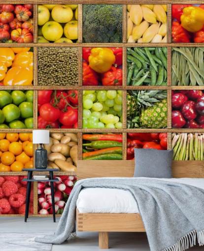 mural de papel pintado rojo y verde de frutas y verduras llamado Colección de frutas y verduras para cocinas y restaurantes mural de papel pintado rojo y verde de frutas y verduras llamado Colección de frutas y verduras para cocinas y restaurantes