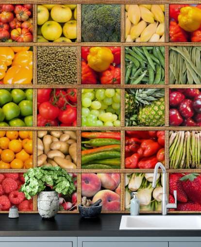 rød og grønn frukt- og grønnsakstapet veggmaleri kalt Fruit and Vegetable Collection for kjøkken og restauranter rød og grønn frukt- og grønnsakstapet veggmaleri kalt Fruit and Vegetable Collection for kjøkken og restauranter