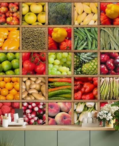red and green fruit and vegetable wallpaper mural called Fruit and Vegetable Collection for kitchens and restaurants red and green fruit and vegetable wallpaper mural called Fruit and Vegetable Collection for kitchens and restaurants