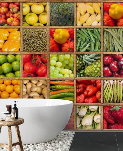 rød og grønn frukt- og grønnsakstapet veggmaleri kalt Fruit and Vegetable Collection for kjøkken og restauranter rød og grønn frukt- og grønnsakstapet veggmaleri kalt Fruit and Vegetable Collection for kjøkken og restauranter