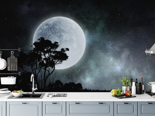 Papel de parede preto e branco da silhueta da lua e da árvore