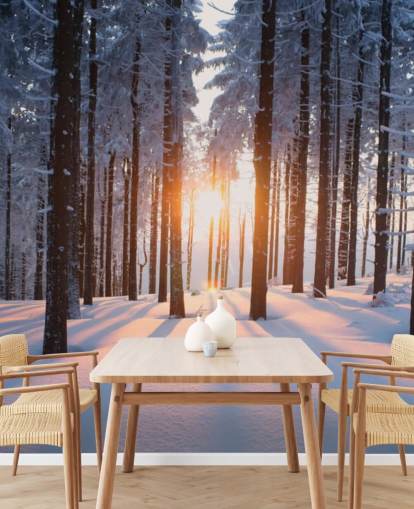 white and brown woodland wallpaper mural called Sunset in the Woods for living rooms, offices and businesses white and brown woodland wallpaper mural called Sunset in the Woods for living rooms, offices and businesses