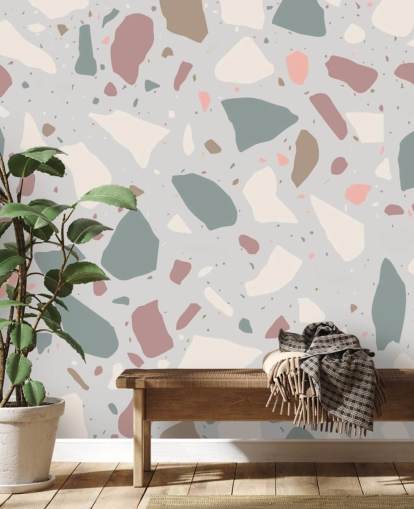 Blomme, Blå Og Hvid Terrazzo Vægmaleri Blomme, Blå Og Hvid Terrazzo Vægmaleri