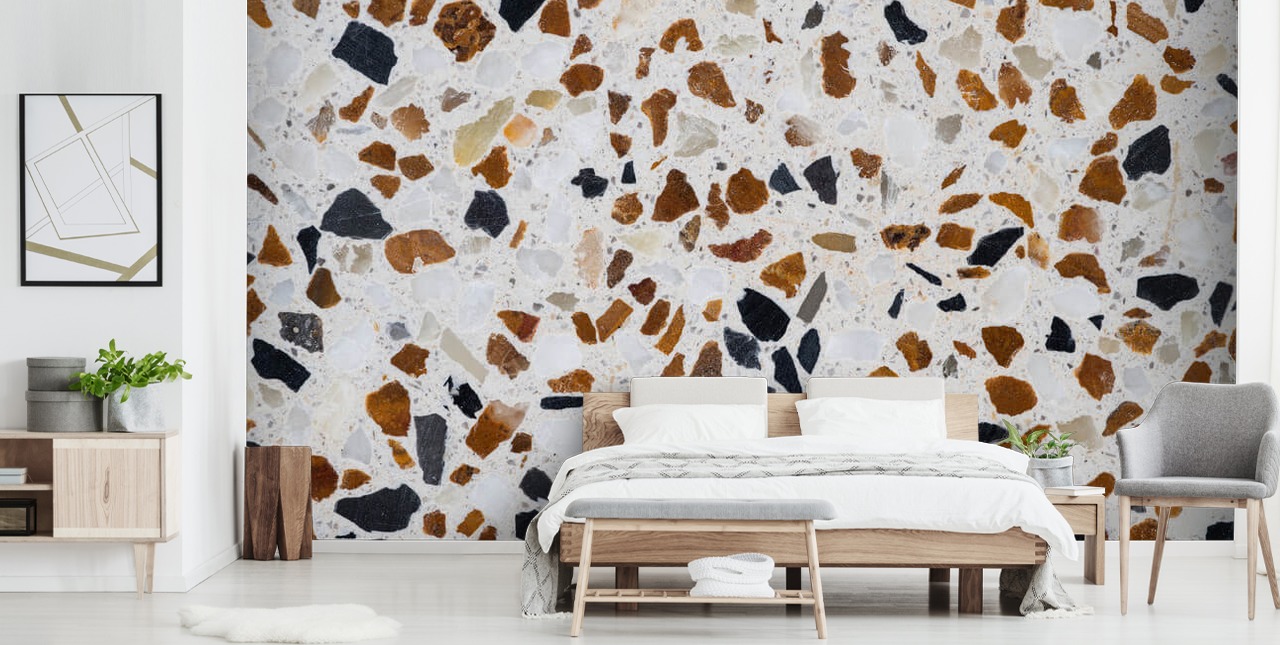 Terrazzo with Brown and Black Chippings on White Background Wallpaper Terrazzo with Brown and Black Chippings on White Background Wallpaper