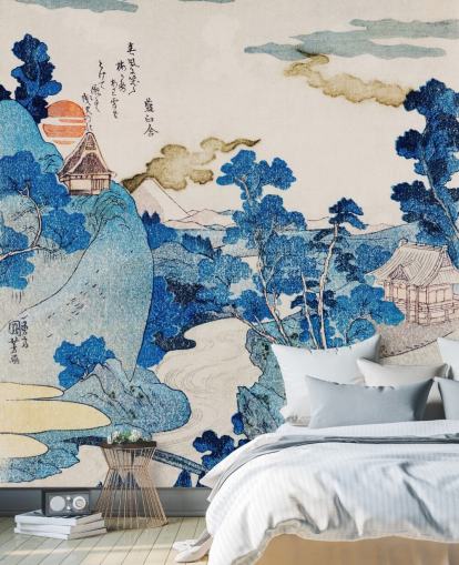 papier peint d'art oriental personnalisable bleu et blanc appelé Fuji No Yukei pour chambres papier peint d'art oriental personnalisable bleu et blanc appelé Fuji No Yukei pour chambres
