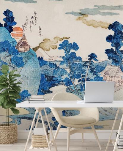 papel de parede de arte oriental personalizável azul e branco chamado Fuji No Yukei para quartos papel de parede de arte oriental personalizável azul e branco chamado Fuji No Yukei para quartos