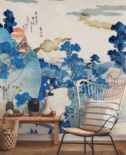 blå og hvit tilpassbar orientalsk kunst tapet kalt Fuji No Yukei for soverom blå og hvit tilpassbar orientalsk kunst tapet kalt Fuji No Yukei for soverom