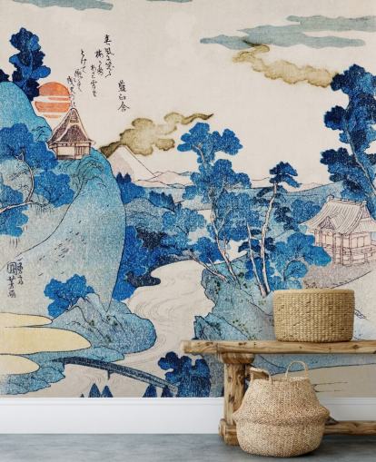 blå og hvid tilpasselig orientalsk kunst tapet kaldet Fuji No Yukei til soveværelser blå og hvid tilpasselig orientalsk kunst tapet kaldet Fuji No Yukei til soveværelser