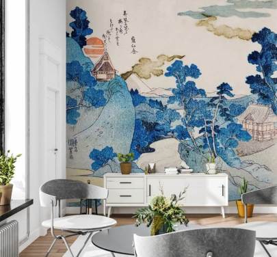 blå og hvit tilpassbar orientalsk kunst tapet kalt Fuji No Yukei for soverom