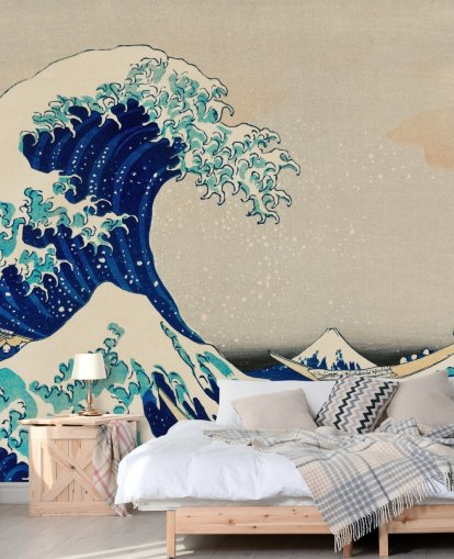 sininen mukautettu itämainen taustakuva nimeltä The Great Wave off Kanagawa makuuhuoneisiin ja olohuoneisiin sininen mukautettu itämainen taustakuva nimeltä The Great Wave off Kanagawa makuuhuoneisiin ja olohuoneisiin