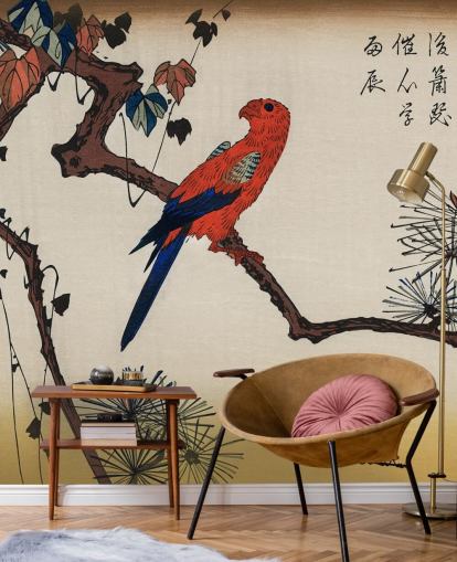 Macaw on Pine Branch Wallpaper Mural Macaw on Pine Branch Wallpaper Mural